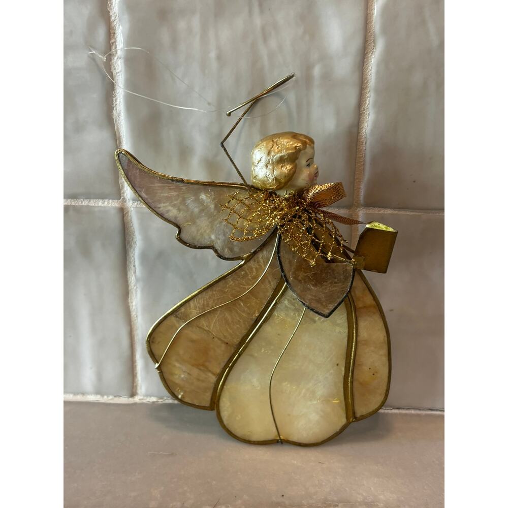 Vintage Mid Century Capiz Shell Angel Ornament Gold Tone Christmas Decor